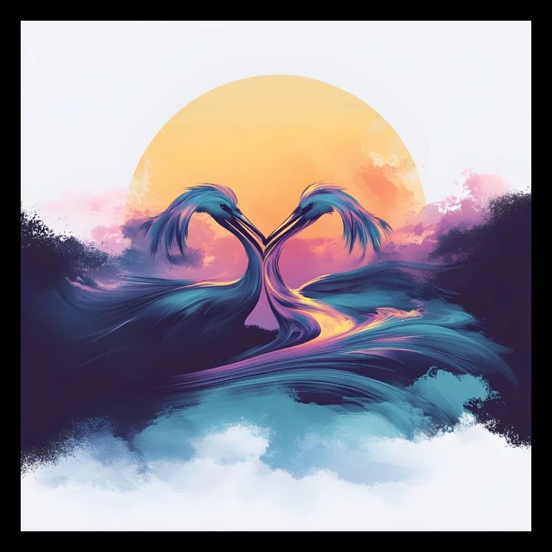 Abstract Sunset with Flamingo Waves