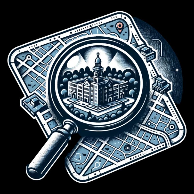 Map with a magnifying glass showing a mansion
