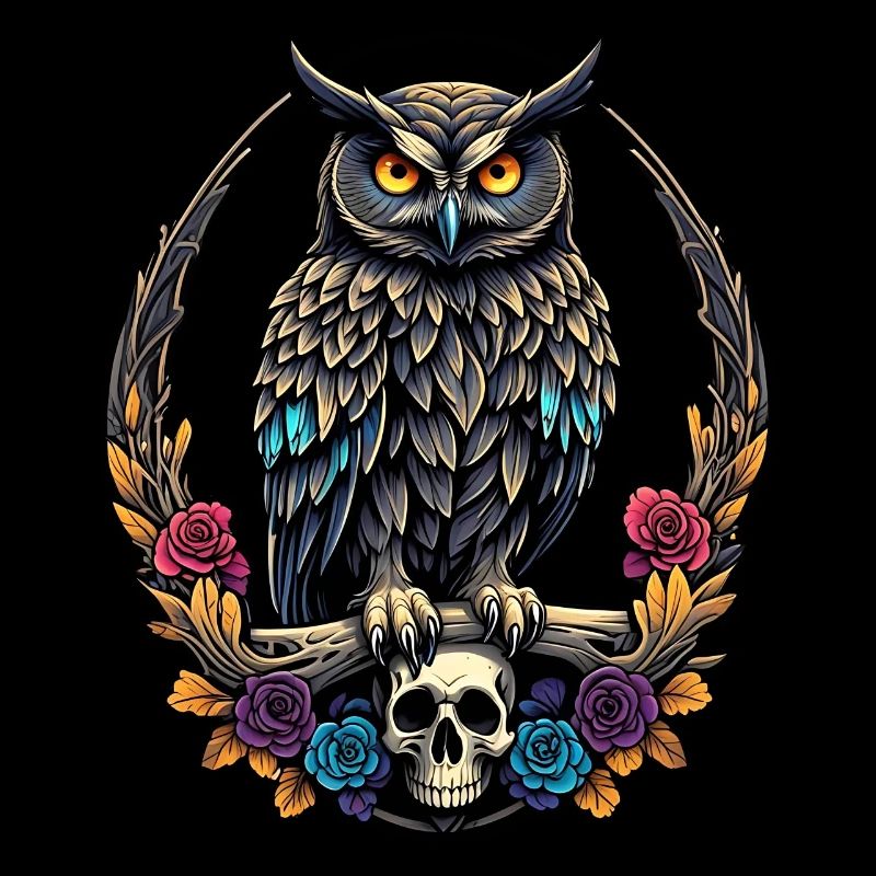 Decorative Owl with Skull and Rose Petals