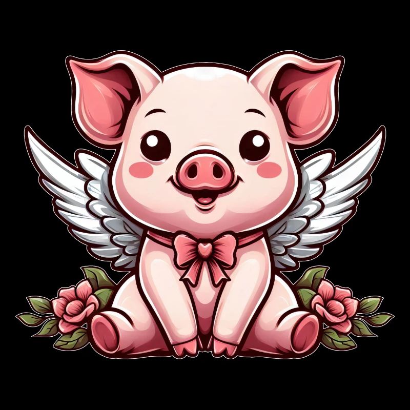 Mignon Cochon Ange Roses Dessin Animé Ailes