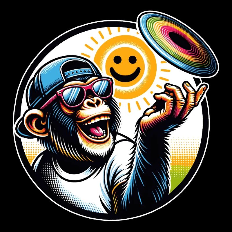 Schimpanse mit Sonnebrille, Basecap und Frisbee