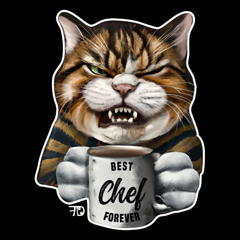 Angry cat wizh mug best chef