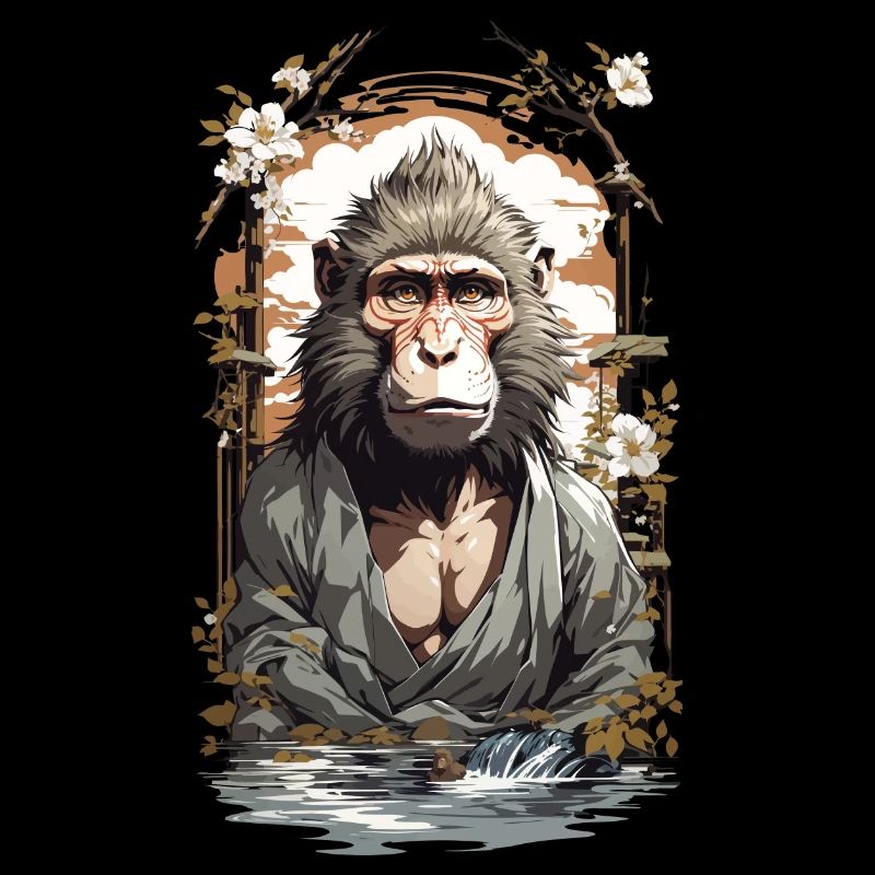 Mythical Figure Monkey Cherry Blossoms Ukiyo-E Vintage Style