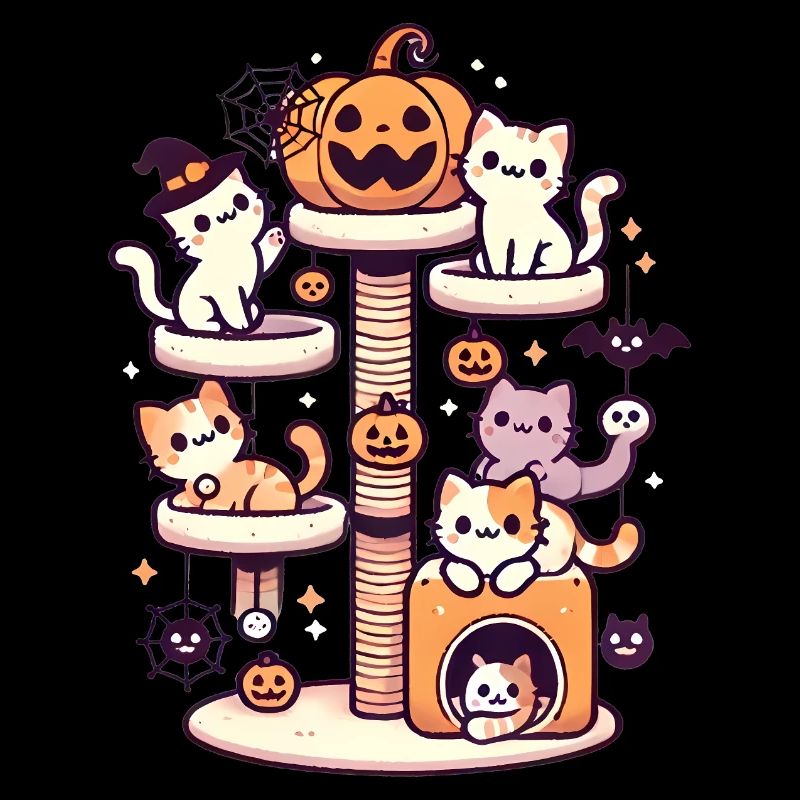Arbre à chat d’Halloween avec de mignons chatons