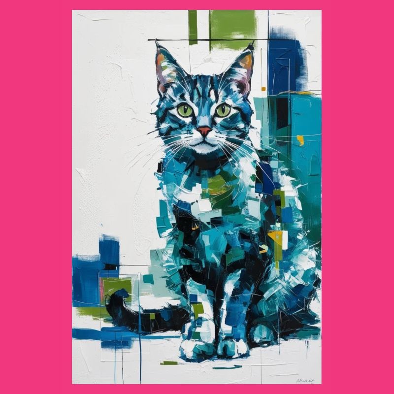 Chat abstrait en bleu vert / Numérique / Affiche #2