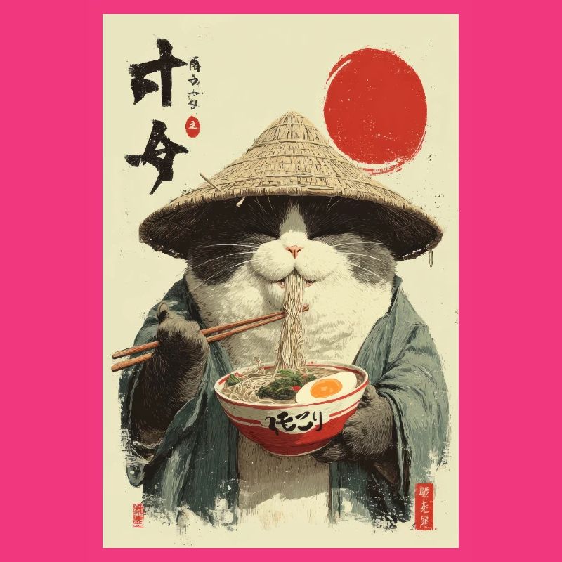 Chat samouraï mangeant des ramen