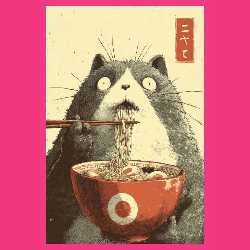 Chat choqué mangeant des ramen