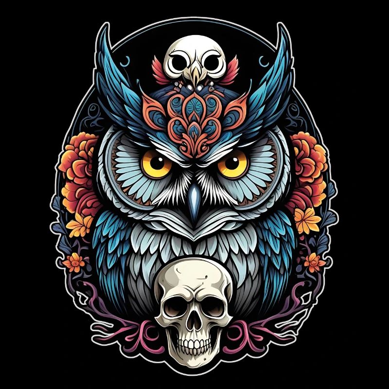 Decorative Owl with Skull and Rose Petals