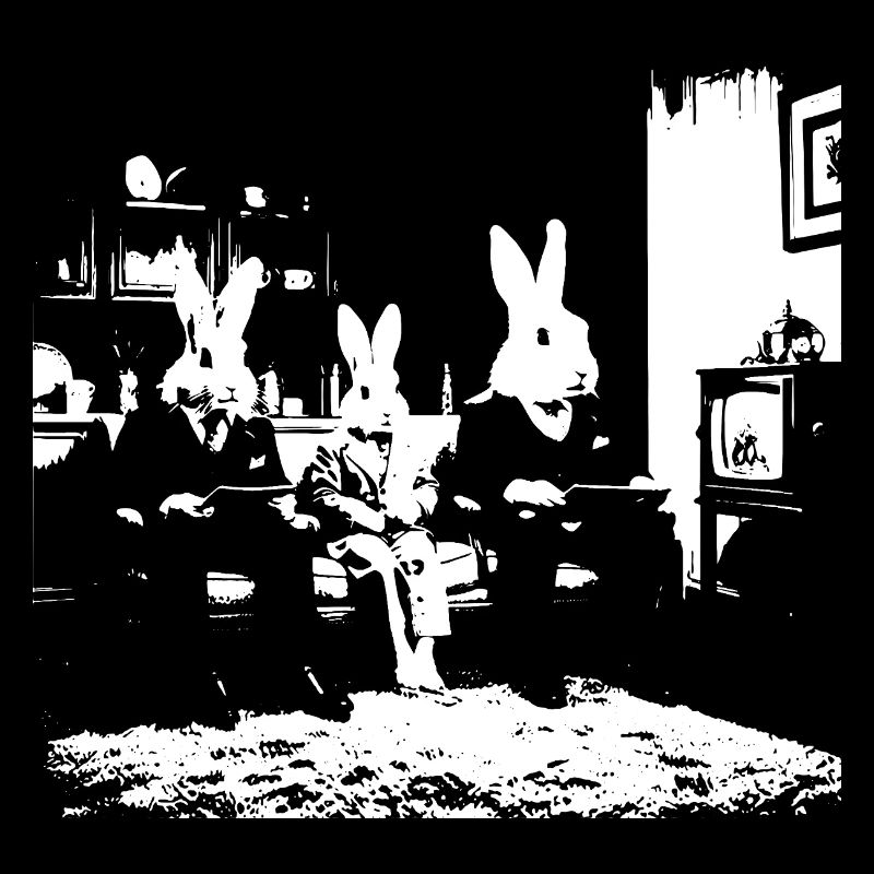 rabbits watching television in the dining room