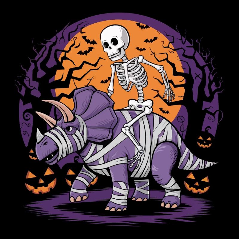 Skeleton riding a dinosaur on Halloween