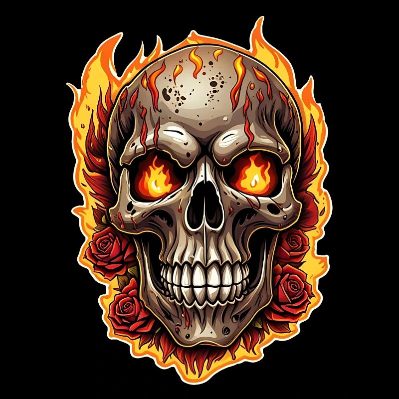 Skull with Fire and Red Roses Burning Skull