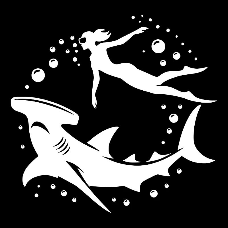 Hammerhead shark and diver chilling underwater