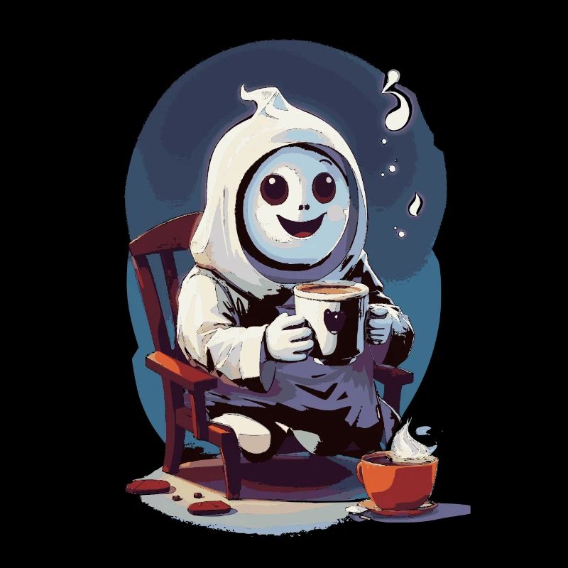 Cute little ghost drinking coffee