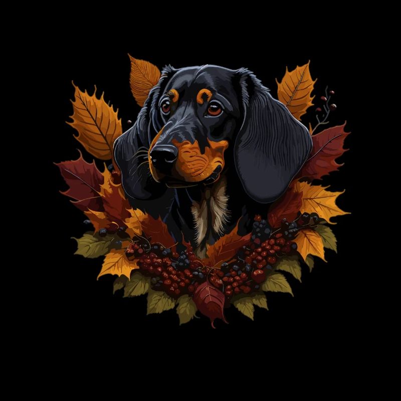 Chien teckel dans les feuilles d’automne