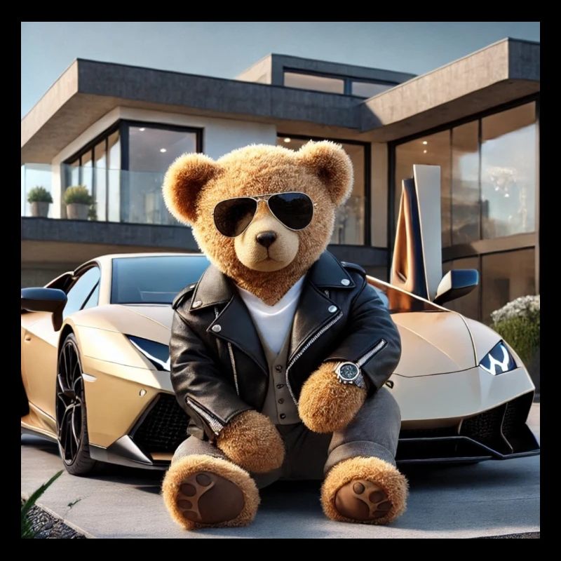 Teddybär vor einem Auto und einer Villa