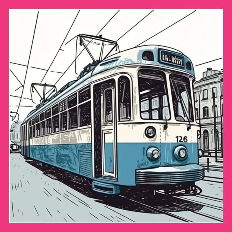 tramway bleu / blanc moderniste d’Amsterdam dessiné à la main