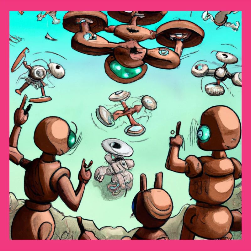 Robots surrounded by drones