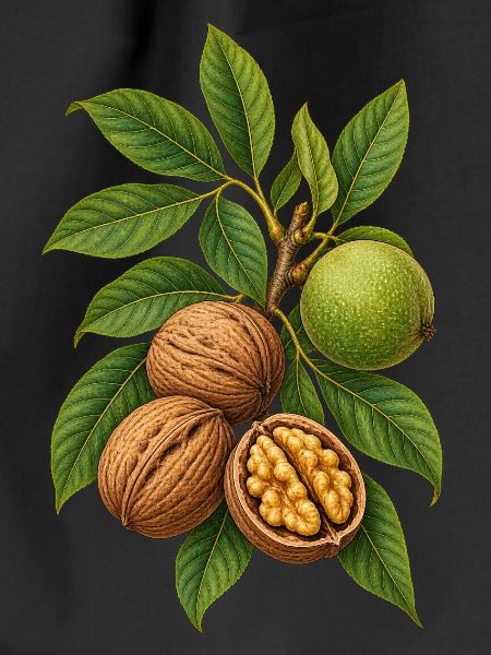 Walnüsse mit Blättern Botanische Illustration