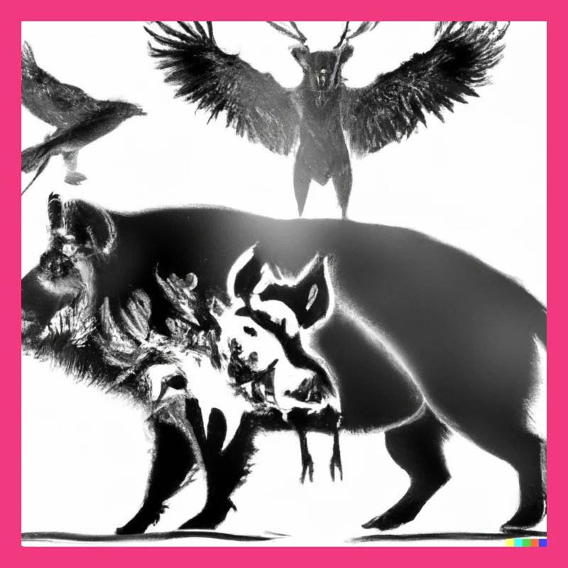 Wild boar with a deer and an eagle