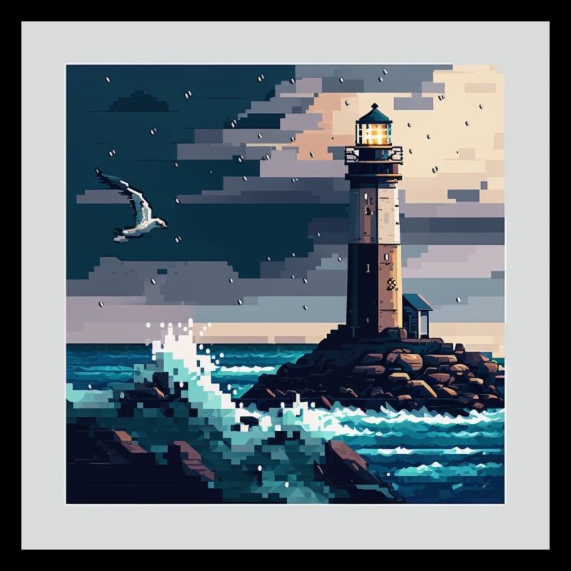 Phare avec mouette dans une mer orageuse en pixel art