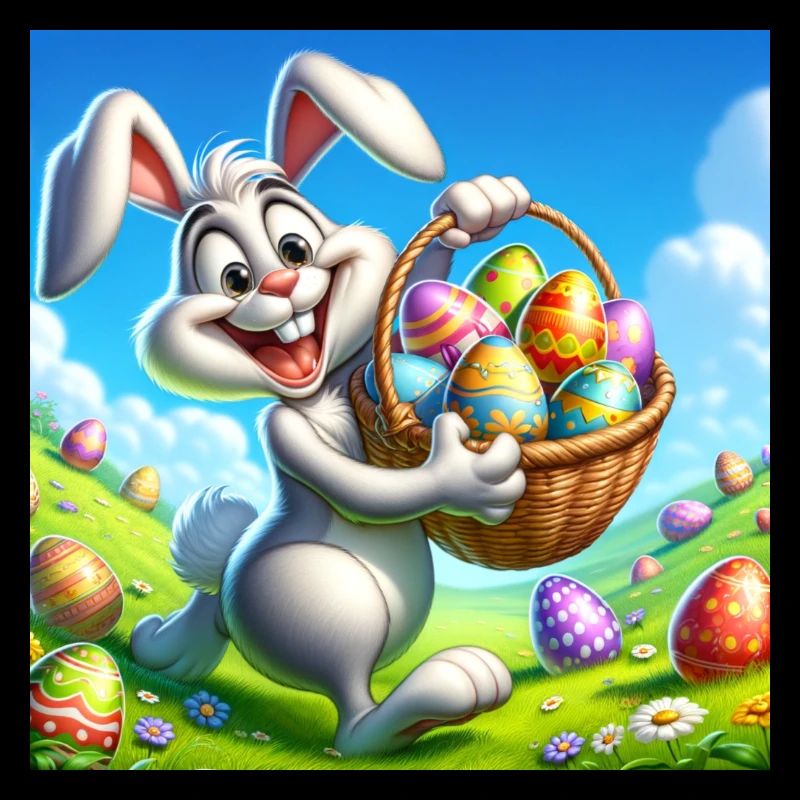 a cheerful easter bunny on a green meadow