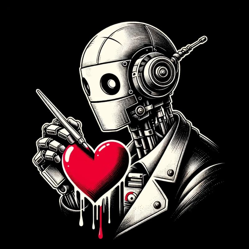 Robot peignant un cœur rouge