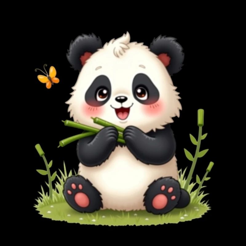 Süßer Cartoon Panda mit Bambus und Schmetterling