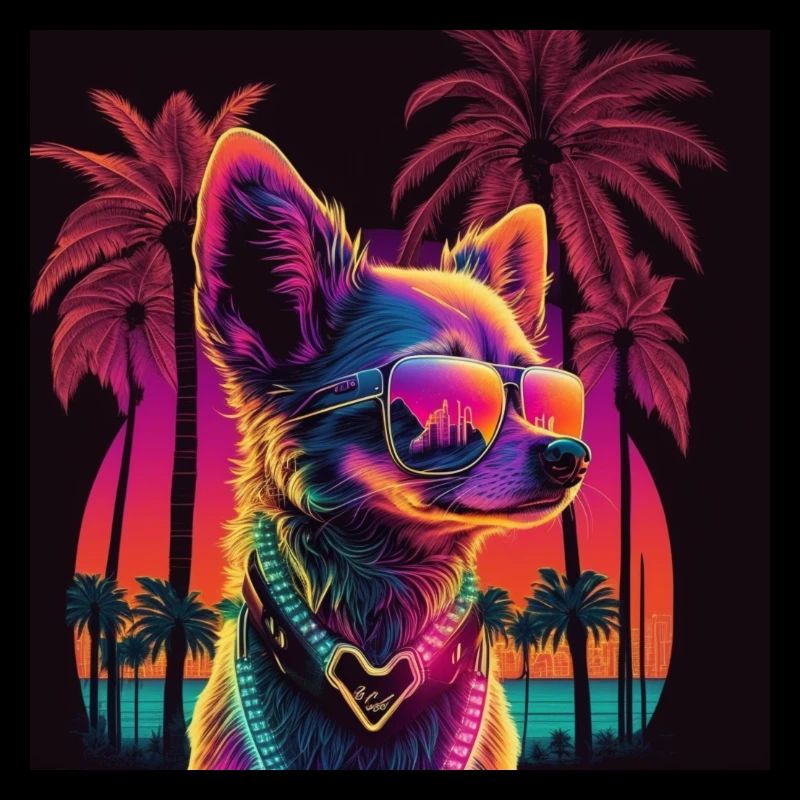 Neon dog with palm trees