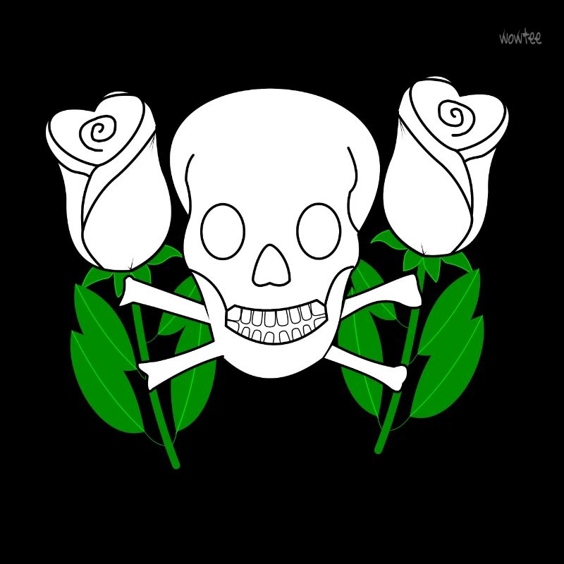 Skull between white roses