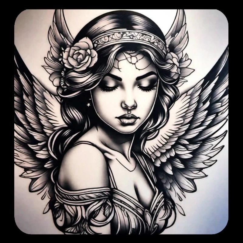 Niedlicher Engel mit Blumen und Tattoos
