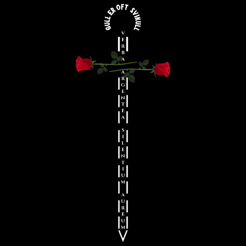 Engel mit Rosen und Kreuz auf dem Hintergrund des Textes