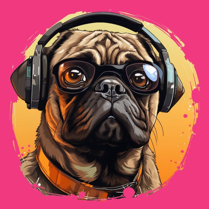 Mops mit Sonnenbrille und Kopfhörer