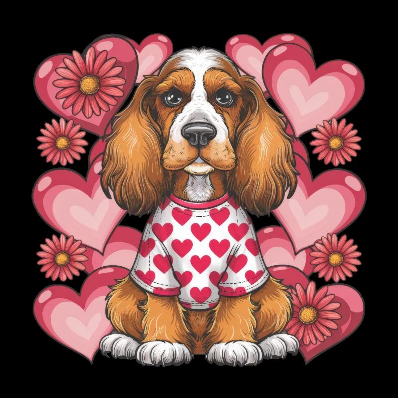 Cute Cocker Spaniel, Hearts and Flowers