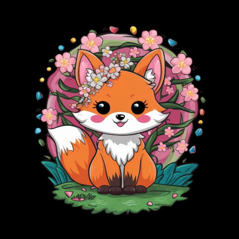 Kawaii Fox with Sakura Cherry Blossoms