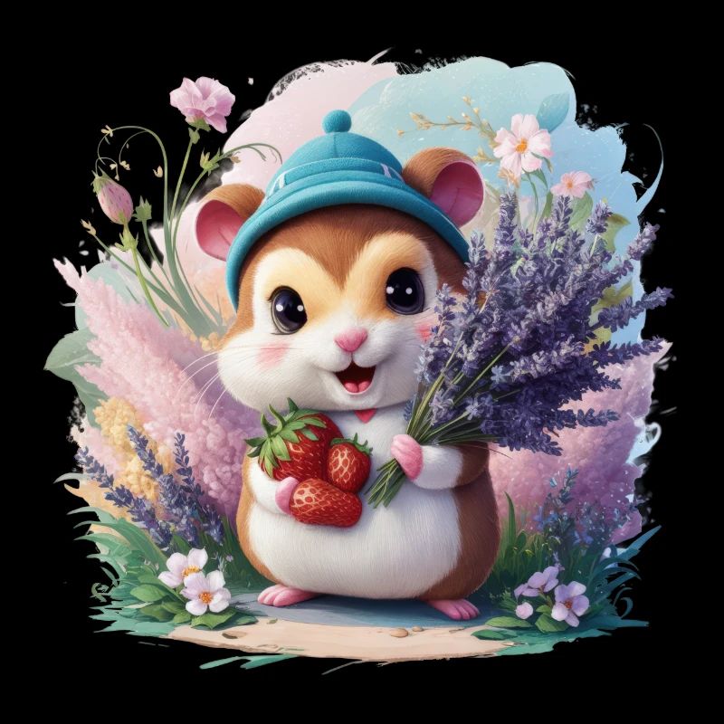Kawaii Hamster mit Erdbeeren und Lavendel