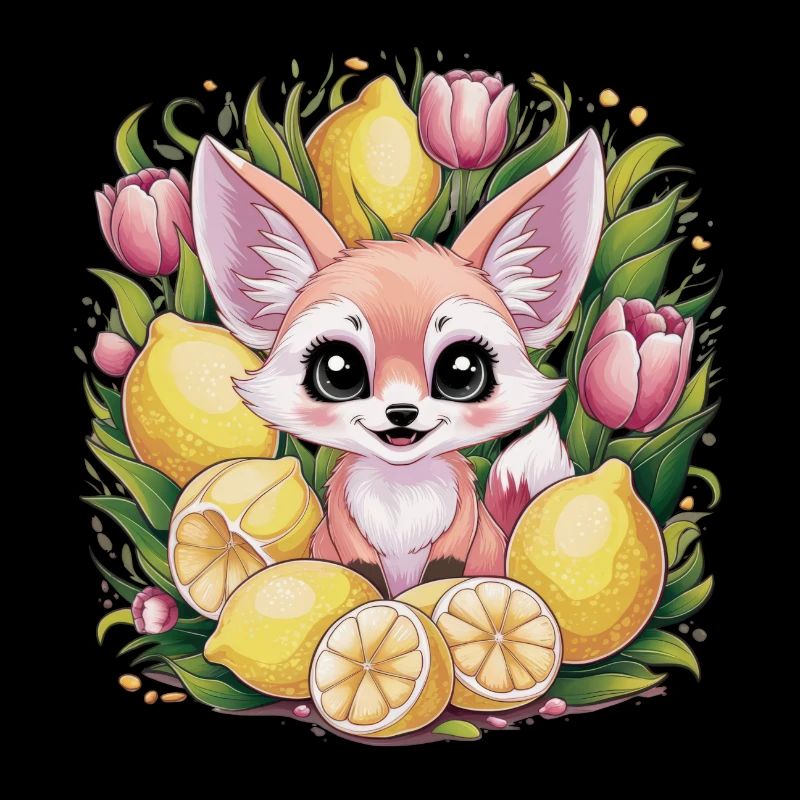 Fennec desert fox with tulips and lemons.
