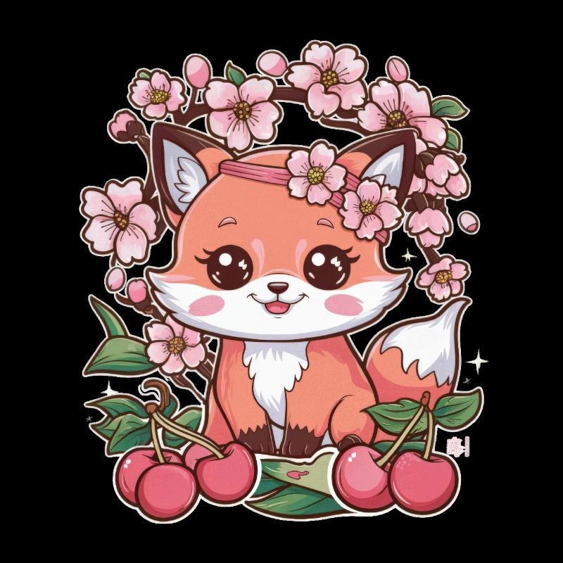 Kawaii Fox with Cherries and Sakura Cherry Blossoms