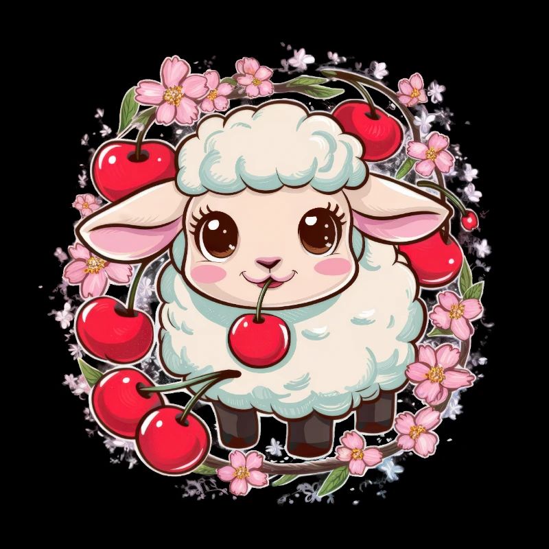 Kawaii Sheep with Cherries & Sakura Cherry Blossoms