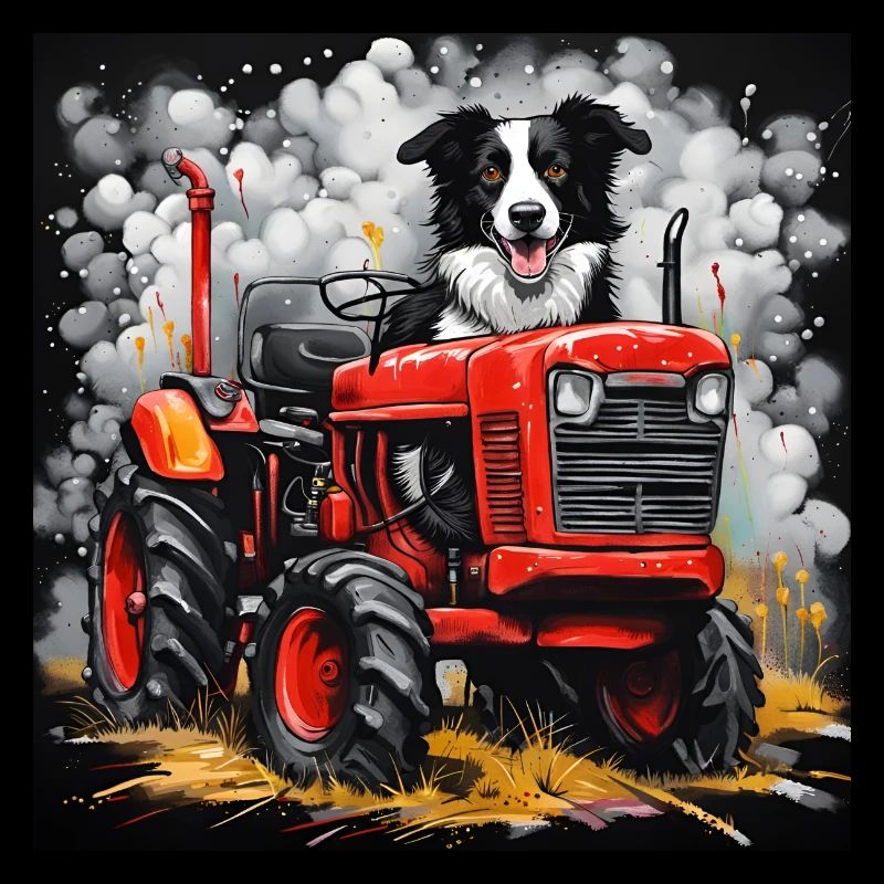 Border Collie Schäferhund auf einem Oldtimer-Traktor