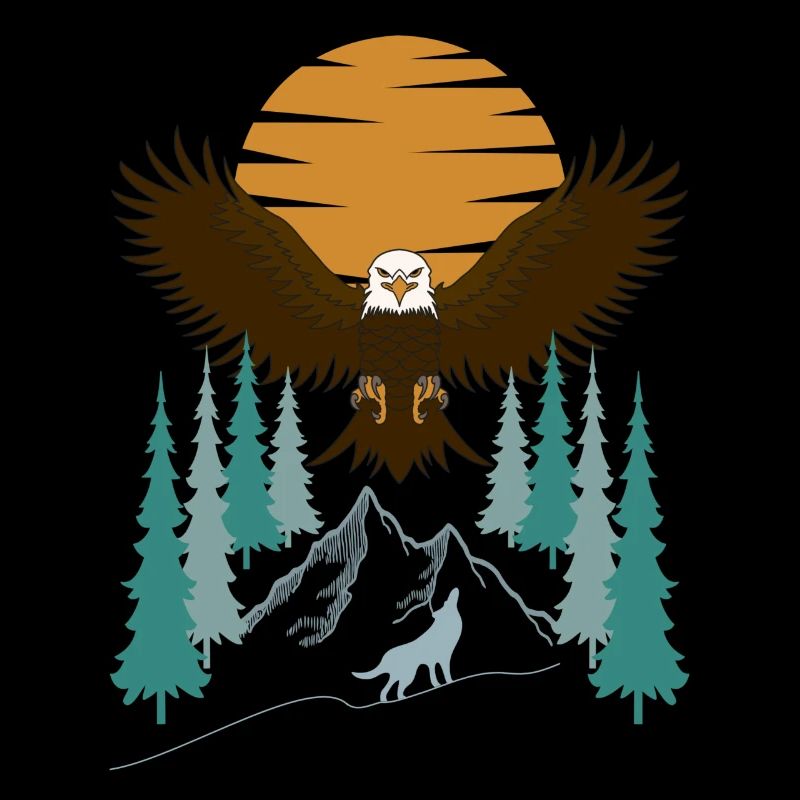 Flying bald eagle in the mountains