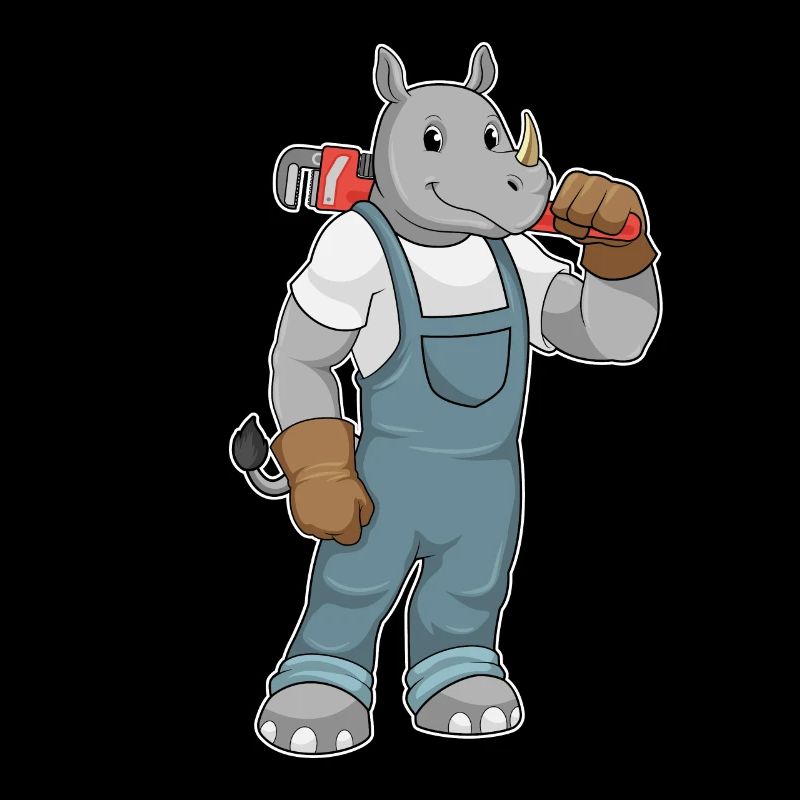 Nashorn als Handwerker mit Wasserpumpenzange