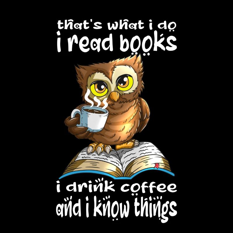 Kaffee Trinker Eule liest Bücher viel Wissen