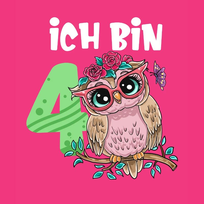 Ich Bin 4 Süße Eule Pink Blumen Mädchen Geburtstag