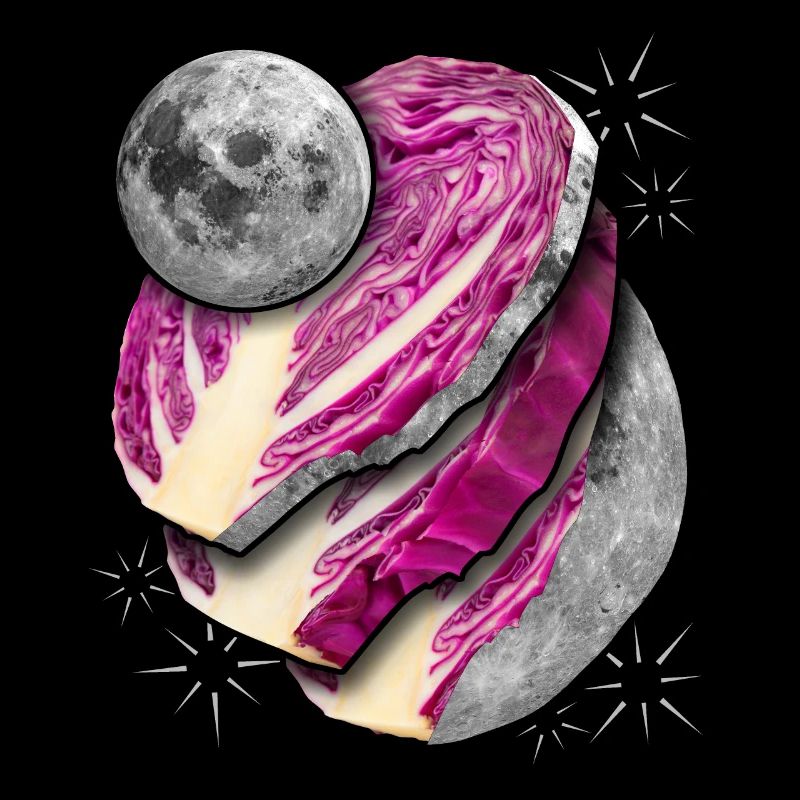 Surrealism, full moon in slices, red cabbage