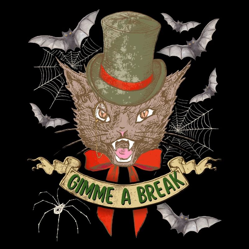 Halloween Katze mit Spinne und Fledermaus, Spruch