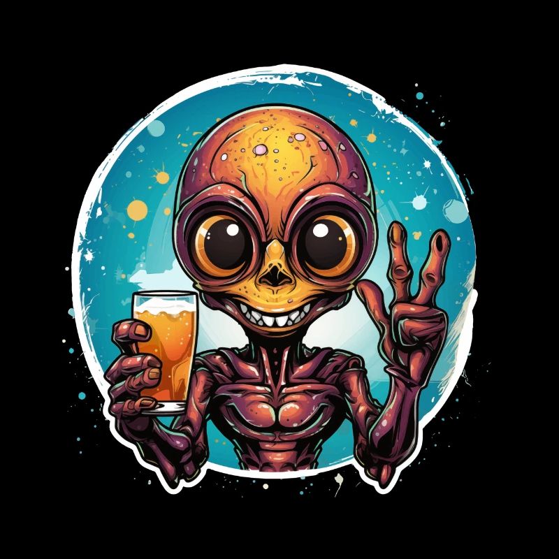 Alien drinks a beer and rejoices.