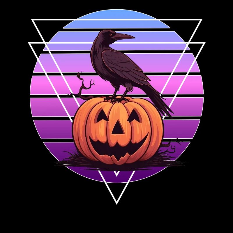 Raven Crow On Pumpkin Vaporwave Halloween Pagan Ae