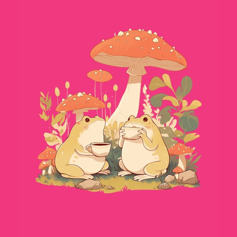 Frogs With Tea Toadstool Cottagecore Flowers