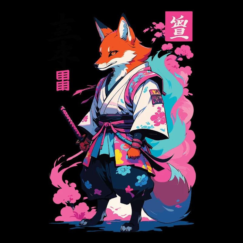 Kitsune Samurai Fuchs Aesthetic Vaporwave Stil