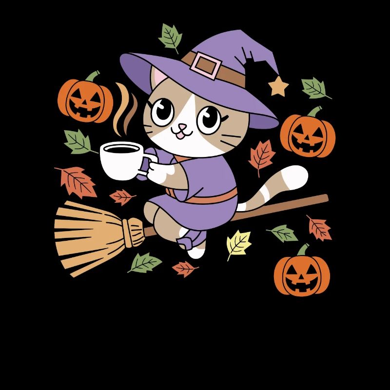 Chat mignon d’Halloween avec chapeau de sorcière et citrouilles